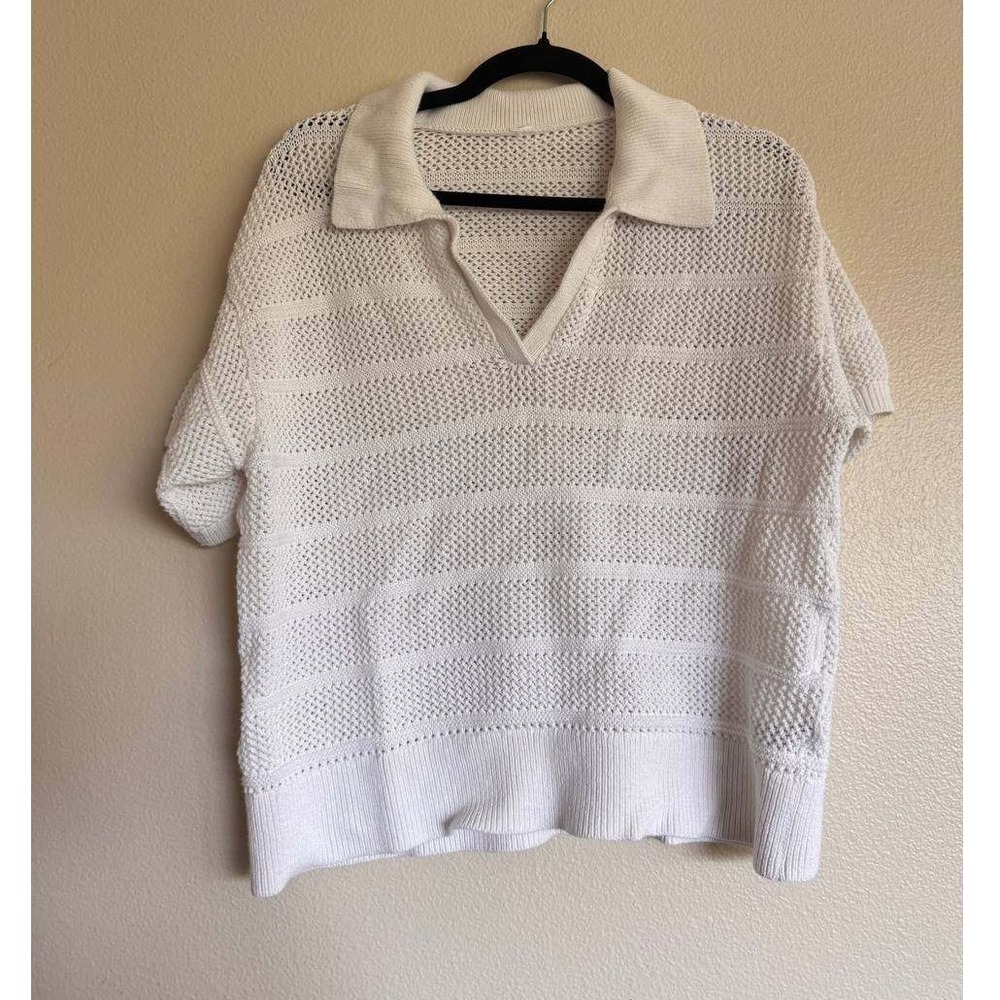 Old Navy White Pointelle Knit Short Sleeve Polo Top XL Cotton Preppy Coquette